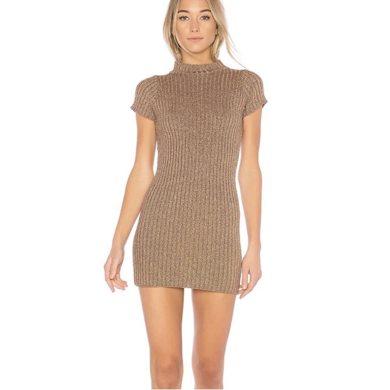 For Love & Lemons Knitz Shimmer Ribbed Knit Mini Dress Rose Gold Bronze S